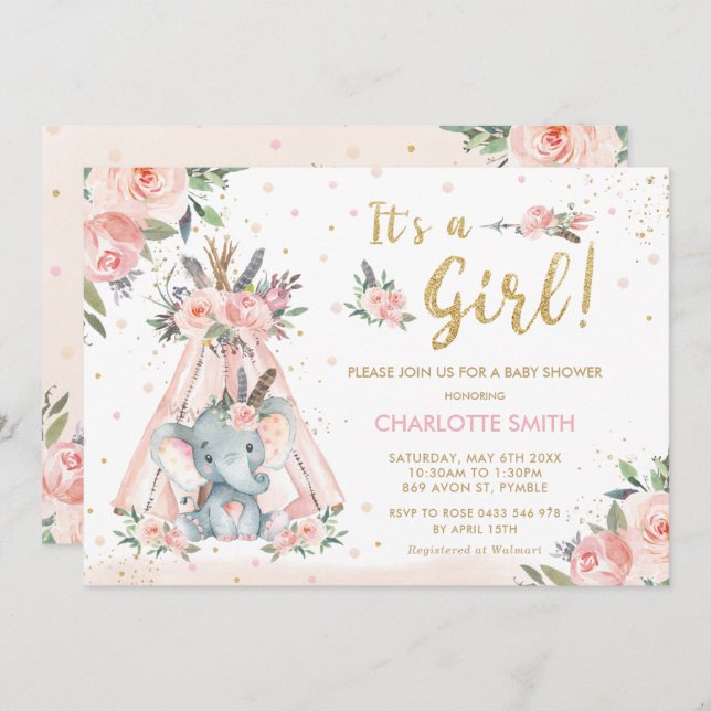 Invitación Chica floral elefante tribal Rubor Baby Shower (Anverso / Reverso)