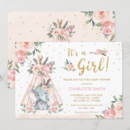 Invitación Chica floral elefante tribal Rubor Baby Shower