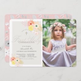 Invitación Chica floral gris rosa foto primera comunión sagra