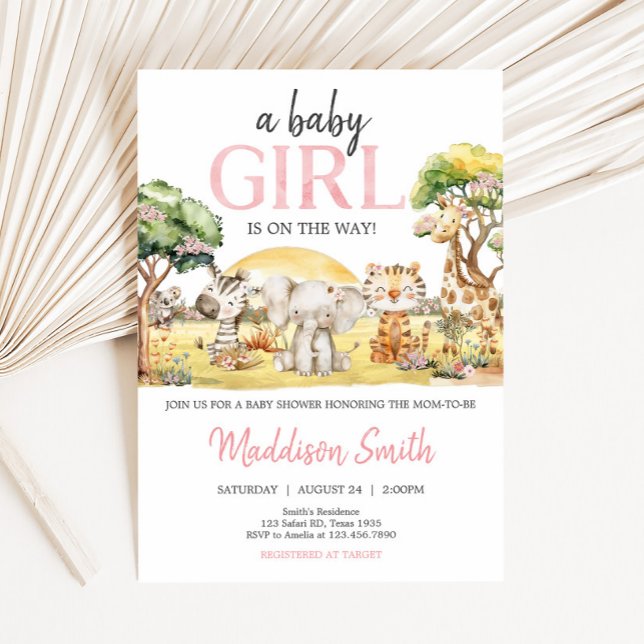 Invitación Chica Floral Jungle Safari Animales Baby Shower (Girl Safari Animals Baby Shower Invitation)