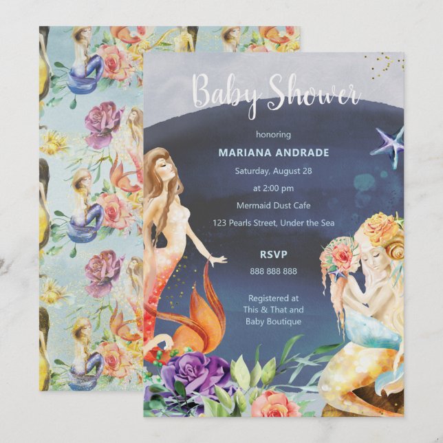Invitación Chica floral marina Mermaid Baby Shower Ocean Unde (Anverso / Reverso)
