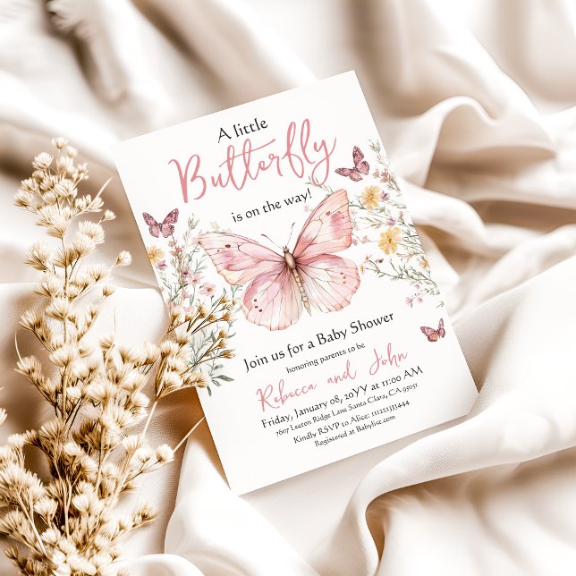 Invitación Chica floral mariposa rosa Flor silvestre Baby Sho (Subido por el creador)