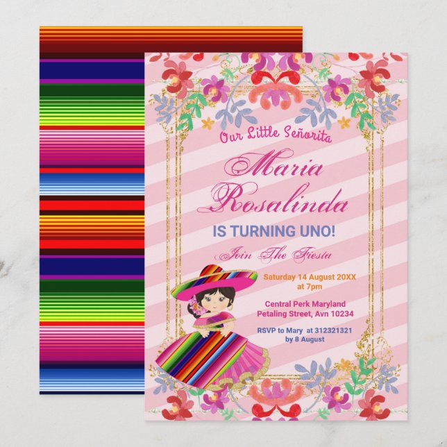 Invitación Chica floral mexicana Fiesta 1er cumpleaños (Anverso / Reverso)