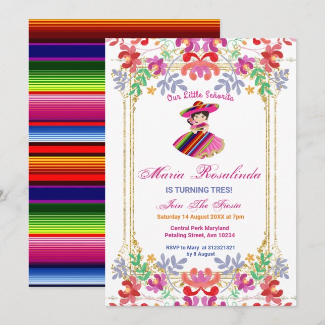 Invitación Chica floral mexicana Fiesta Tres Cumpleaños (Anverso / Reverso)