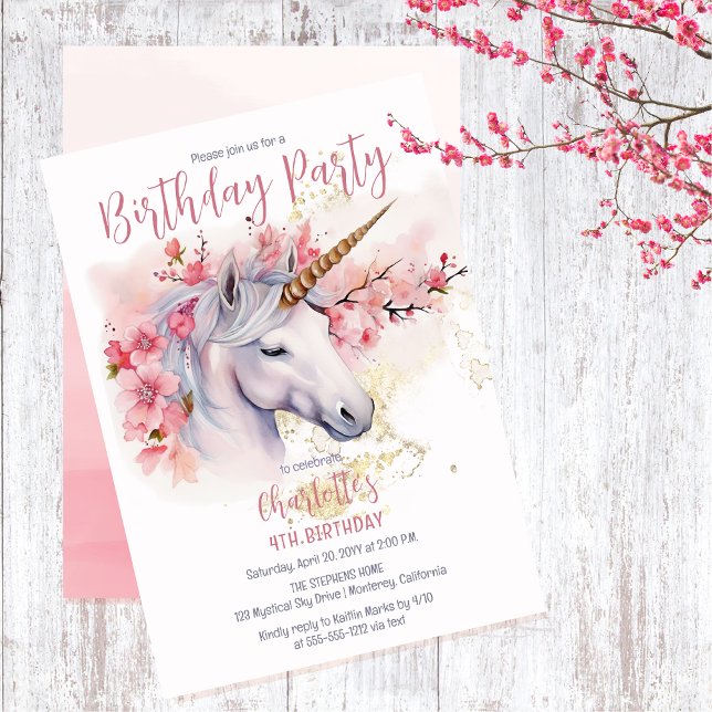 Invitación Chica floral místico de Unicornio, cuarto Fiesta d (Unicorn Mythical Creature and Pink Cherry Blossom Floral 4th Birthday Party Invitation)