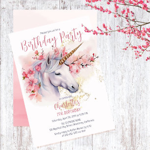 Invitación Chica floral místico unicornio en la séptima fiest