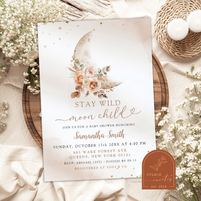 Invitación Chica floral Moon Beige Boho Baby Shower (Subido por el creador)