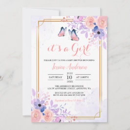 Invitación Chica floral morado de mariposa cúrcuma rosada Bab