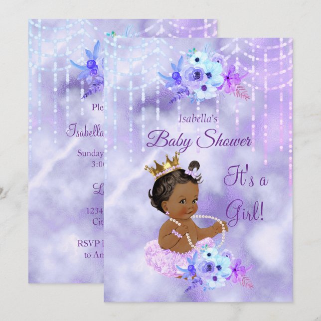 Invitación Chica floral morado Verde azulado Baby Shower Étni (Anverso / Reverso)
