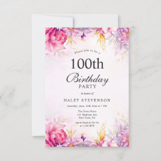 Invitación Chica Floral Pastel Acuarela Chic Cumpleaños 100