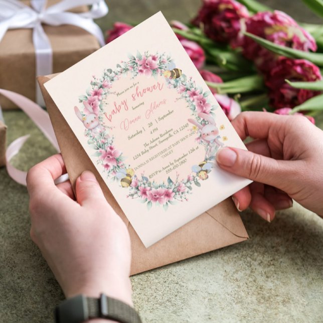 Invitación Chica Floral Pink Cute Bunny Baby Shower (Subido por el creador)