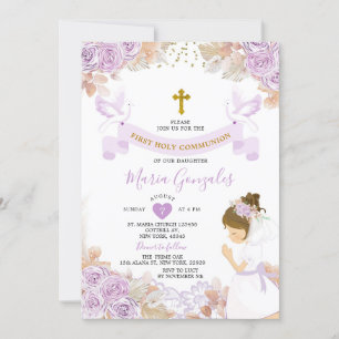 Invitación Chica floral púrpura Boho Primera Santa Comunión