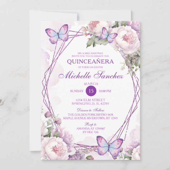 Invitación Chica floral púrpura moscal Quinceañera (Anverso)