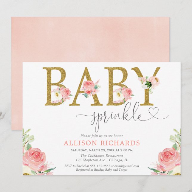 Invitación Chica floral rociado de bebé, elegante dorado rosa (Anverso / Reverso)