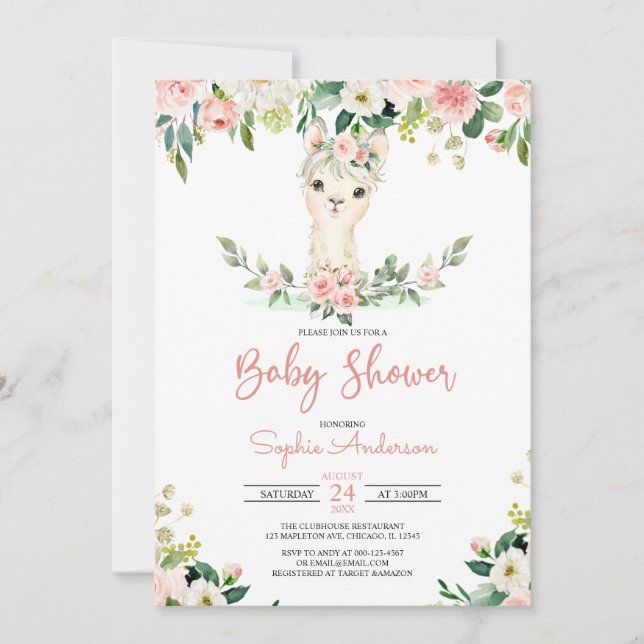 Invitación Chica floral rosa Alpaca Llama Baby Shower (Anverso)