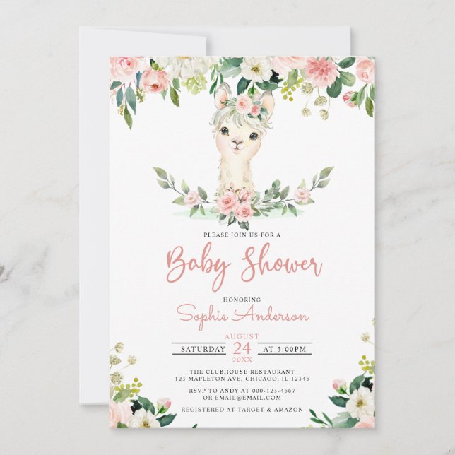 Invitación Chica floral rosa Alpaca Llama Baby Shower (Anverso)