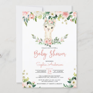 Invitación Chica floral rosa Alpaca Llama Baby Shower