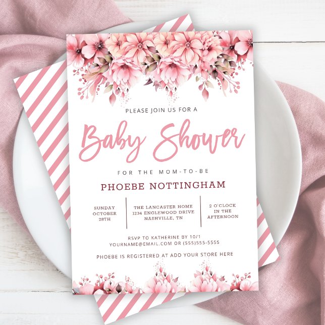 Invitación Chica Floral rosa Baby Shower (Girl Pink Floral Baby Shower Invitation)