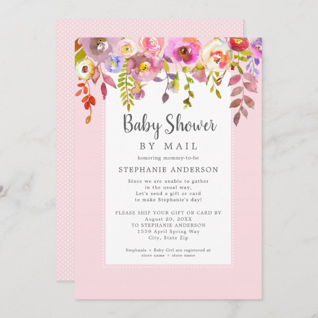 Invitación Chica Floral Rosa Baby Shower por correo (Anverso / Reverso)