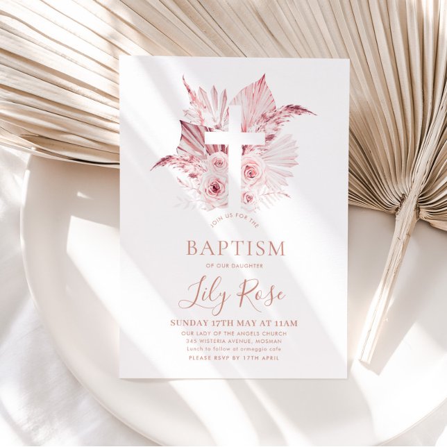 Invitación Chica Floral Rosa Baptismo Christening (Pink Girls Baptism Invitation
)