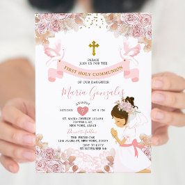 Invitación Chica floral rosa boho Primera comunión sagrada