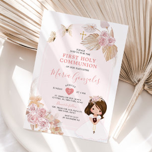 Invitación Chica floral rosa boho Primera comunión sagrada