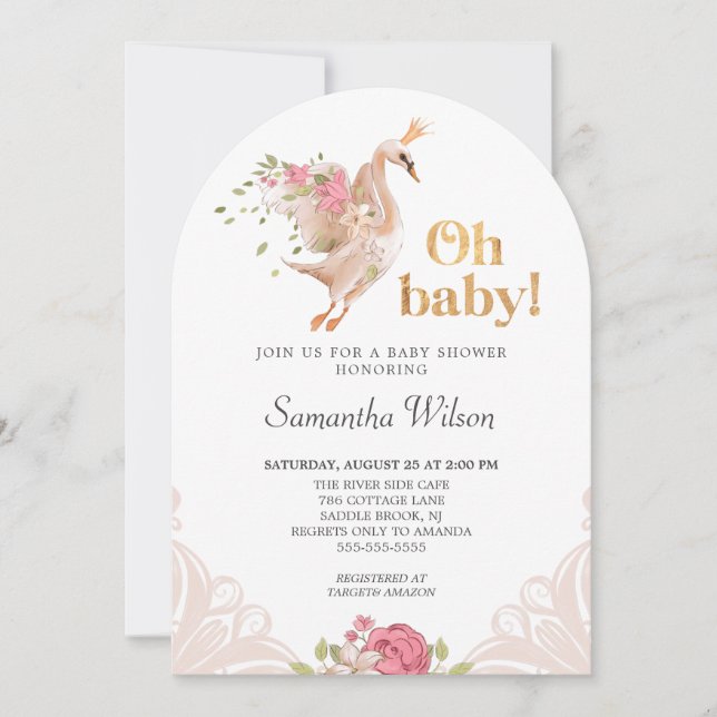Invitación Chica Floral Rosa Cute Princesa De Cisón Baby Show (Anverso)
