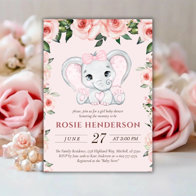 Invitación Chica floral rosa Cutie Elephant Rubor Baby Shower (Cutie Elephant Blush Pink Floral Girl Baby Shower Invitation)