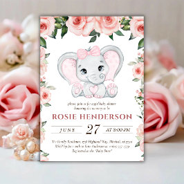 Invitación Chica floral rosa Cutie Elephant Rubor Baby Shower