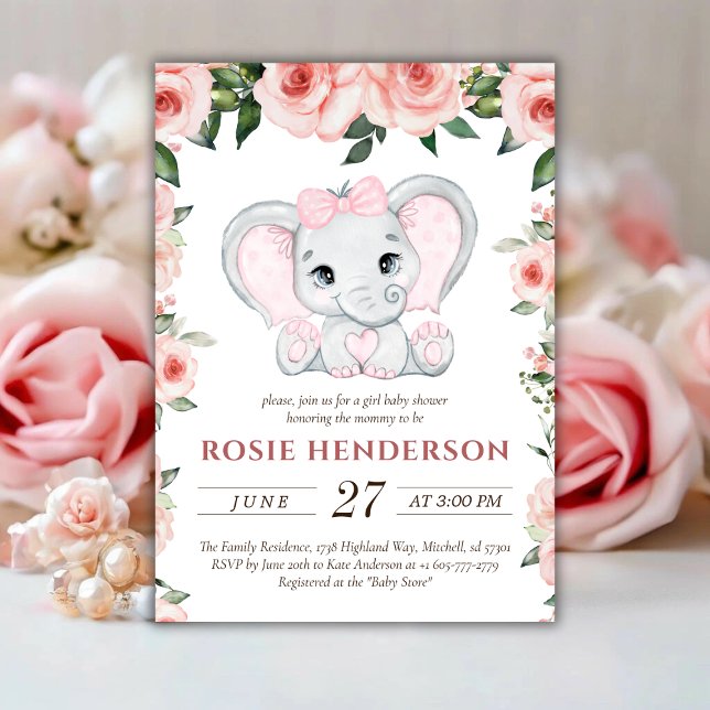 Invitación Chica floral rosa Cutie Elephant Rubor Baby Shower (Cutie Elephant Blush Pink Floral Girl Baby Shower Invitation)