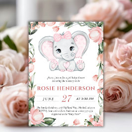 Invitación Chica floral rosa Cutie Elephant Rubor Baby Shower