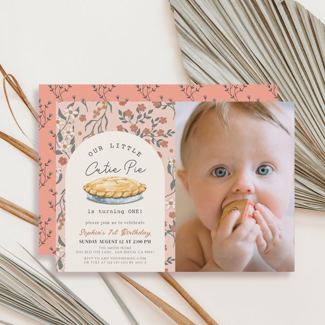 Invitación Chica floral rosa Cutie Pie  1er cumpleaños Foto (Subido por el creador)