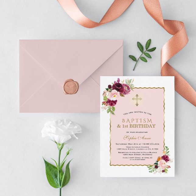 Invitación Chica floral rosa de Borgoña Primer cumpleaños y b (burgundy pink flowers baptism first birthday invite, floral gold 1st birthday baptism invitation)