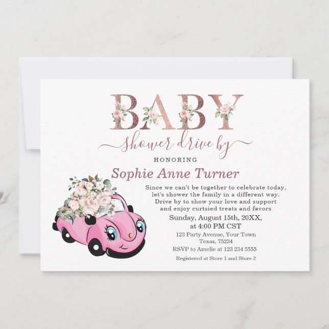 Invitación Chica Floral Rosa De Coche Cuidado, Baby Shower Dr (Anverso)