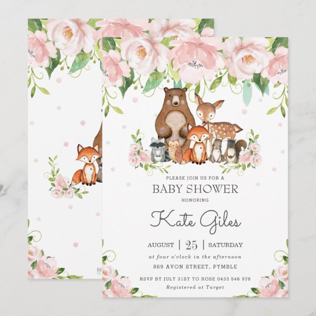 Invitación Chica Floral Rosa de los Animales Woodland Baby Sh (Anverso / Reverso)