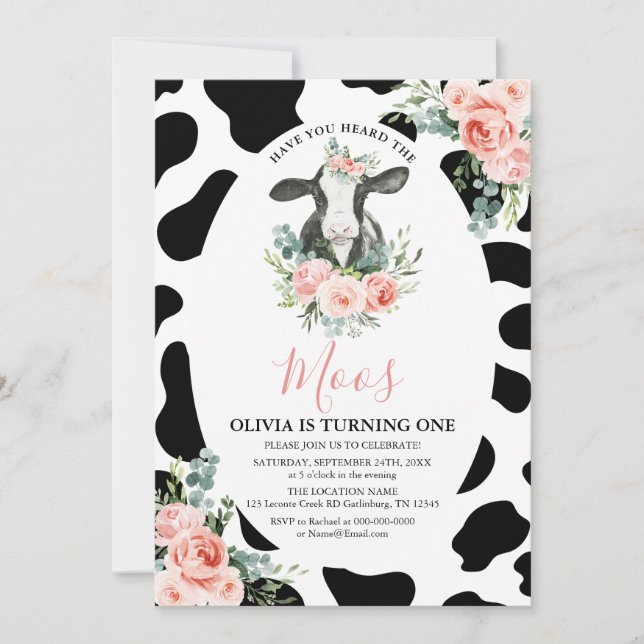 Invitación Chica Floral Rosa De Vaca Ha Oído El Cumpleaños De (Anverso)