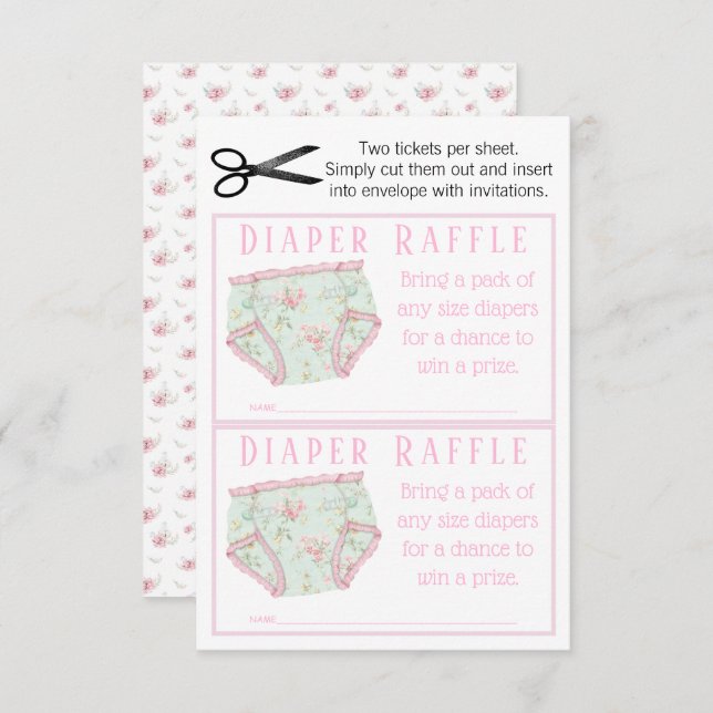 Invitación Chica Floral Rosa Diaper Raffle Entradas (Anverso / Reverso)