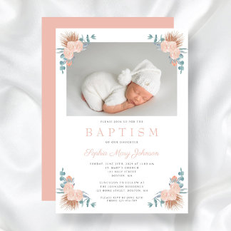 Invitación Chica Floral Rosa Elegante Foto Bautizo