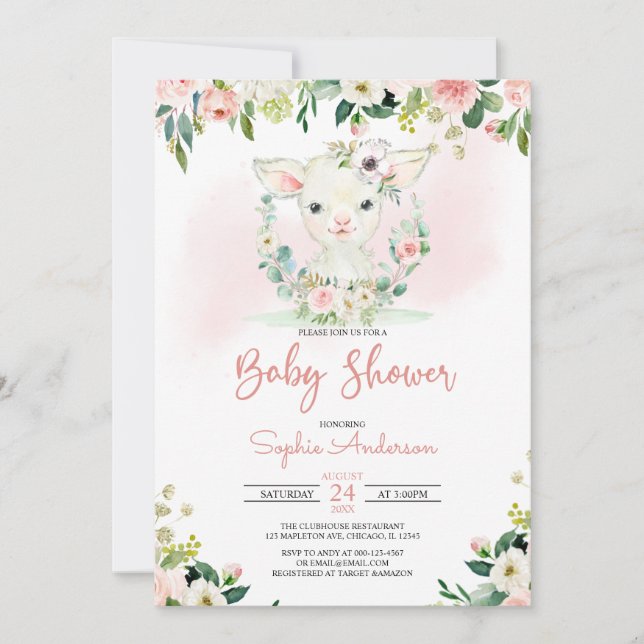Invitación Chica floral rosa Lamb Baby Shower (Anverso)