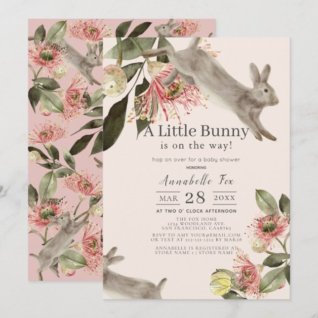 Invitación Chica floral rosa pequeño conejito Baby Shower (Anverso / Reverso)