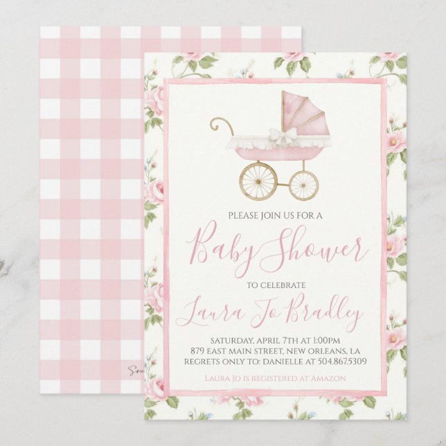 Invitación Chica floral rosa Preppy Southern Baby Shower (Anverso / Reverso)