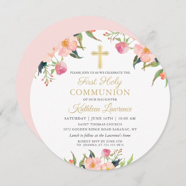 Invitación Chica floral rosa primero Círculo de la Santa Comu (Anverso / Reverso)