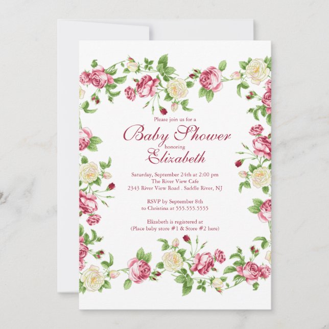 Invitación Chica floral rosa roja y blanca Bonito Baby Shower (Anverso)