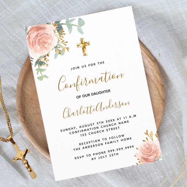 Invitación Chica floral rosa rosa de eucalipto de confirmació (Subido por el creador)