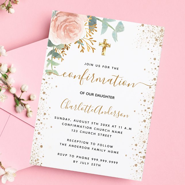 Invitación Chica floral rosa rosa de eucalipto de confirmació (Subido por el creador)