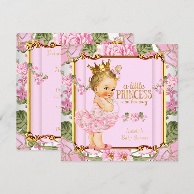 Invitación Chica floral rosa rosa de la princesa Baby Shower (Anverso / Reverso)