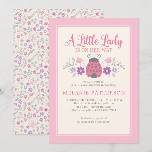 Invitación Chica Floral Rosa Rosa De Ladybug Cute Baby Shower (Anverso / Reverso)