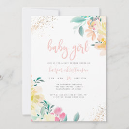 Invitación Chica floral rosa Rubor Gold Whimsical Baby Shower