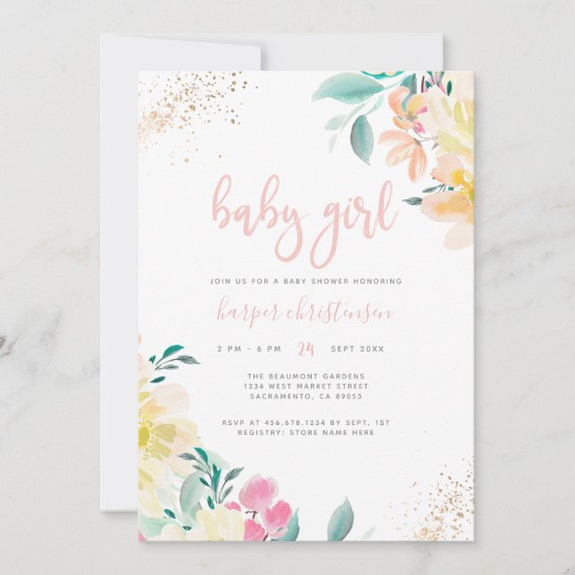 Invitación Chica floral rosa Rubor Gold Whimsical Baby Shower (Anverso)