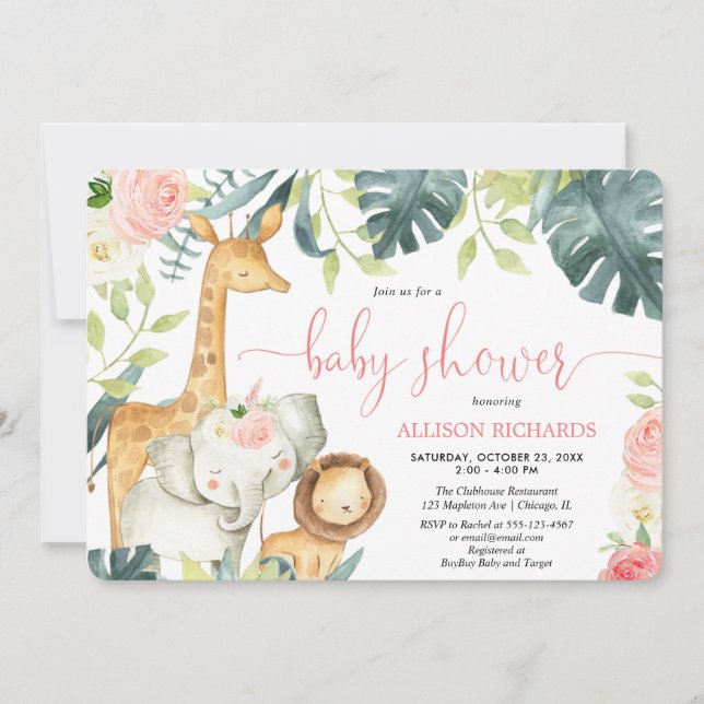 Invitación Chica floral rosa safari junglas animales bebé duc (Anverso)